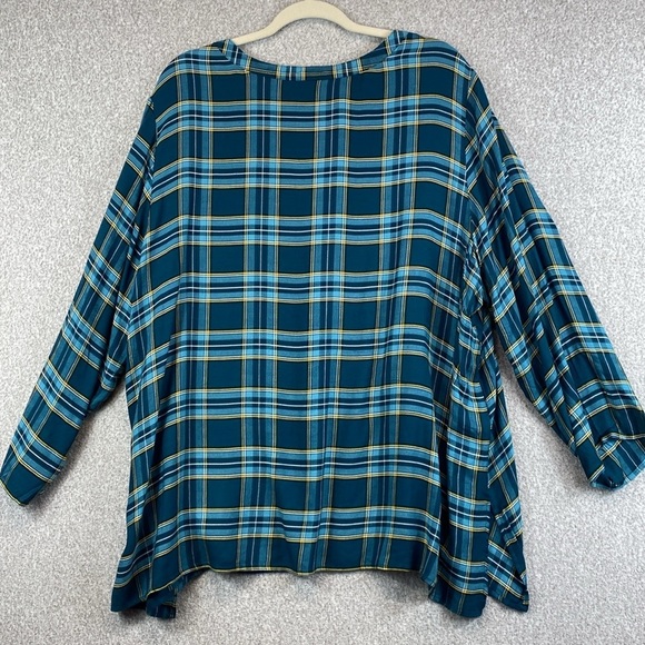 Pioneer Woman boho embroidered tunic blouse Henley button turquoise plaid 2X - Picture 7 of 9